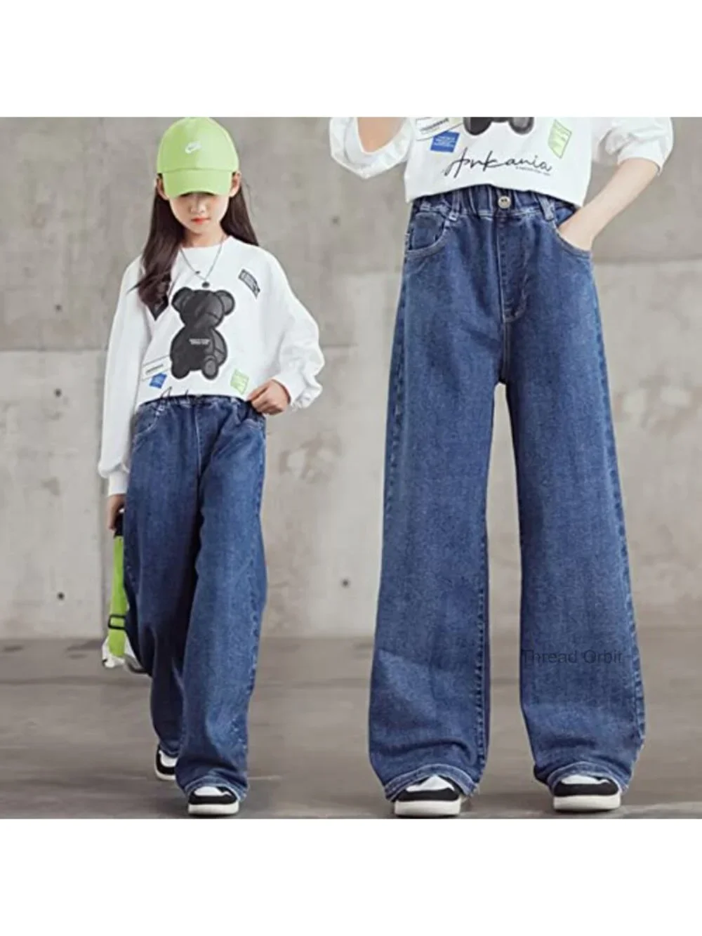 Girls Wide Leg Baggy Jeans with Pockets Elastic Waist Pull On Casual Denim